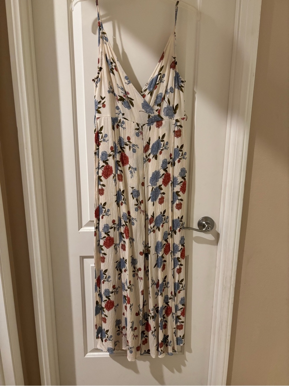 American Eagle Outfitters Cream Floral Jumpsuit with Red & Blue Flowers